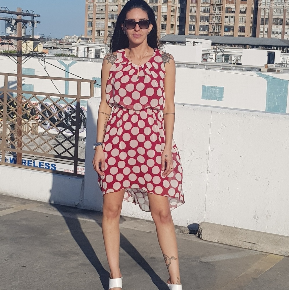 Red with beige balls short dress. Size: S